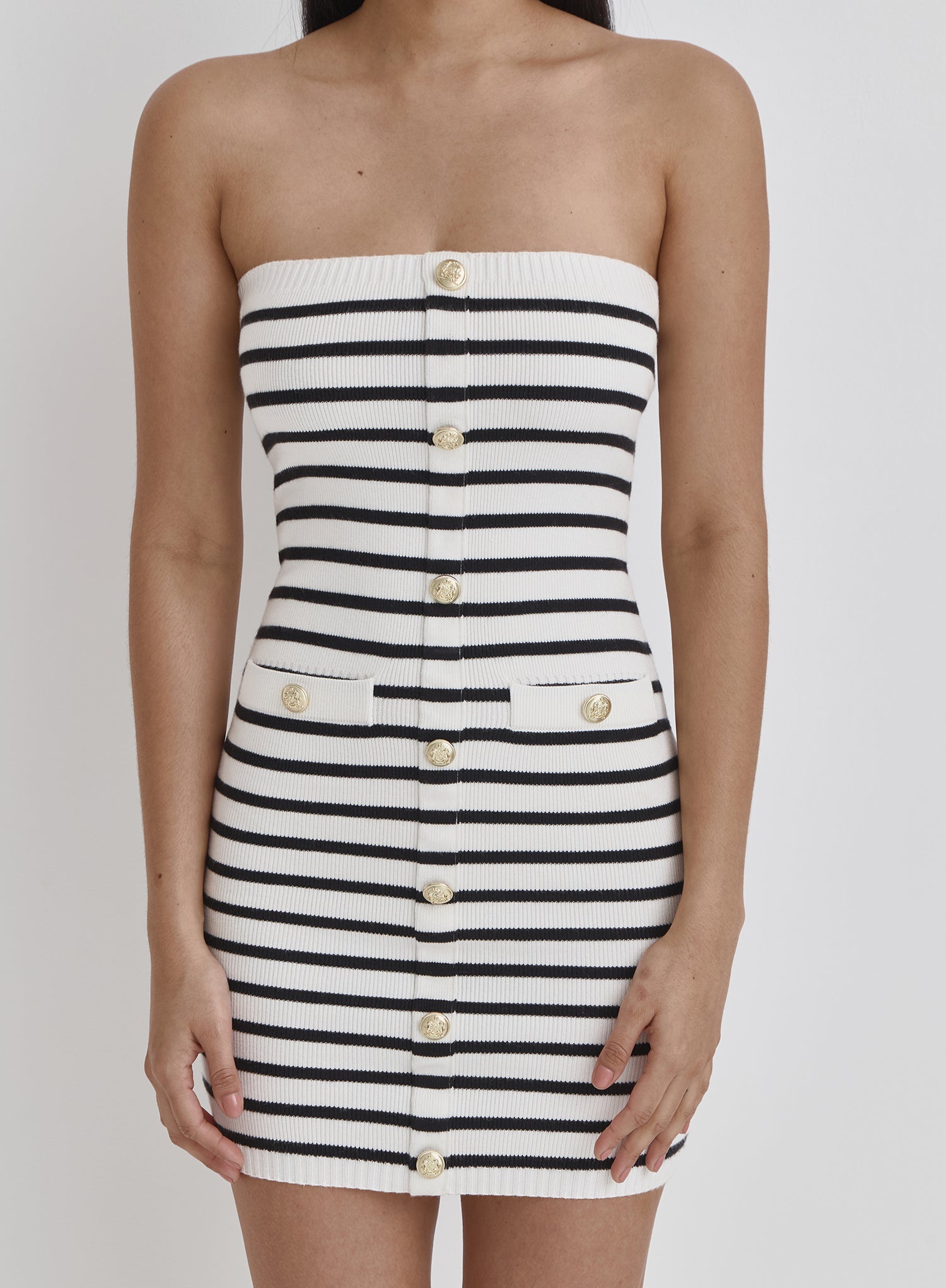 Multi Stripe Knitted Bandeau Button Mini Dress